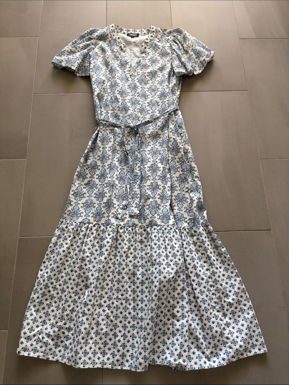 Magari - Italy 💯 cotton, flounce sleeve Blue Floral Tiered Maxi Dress